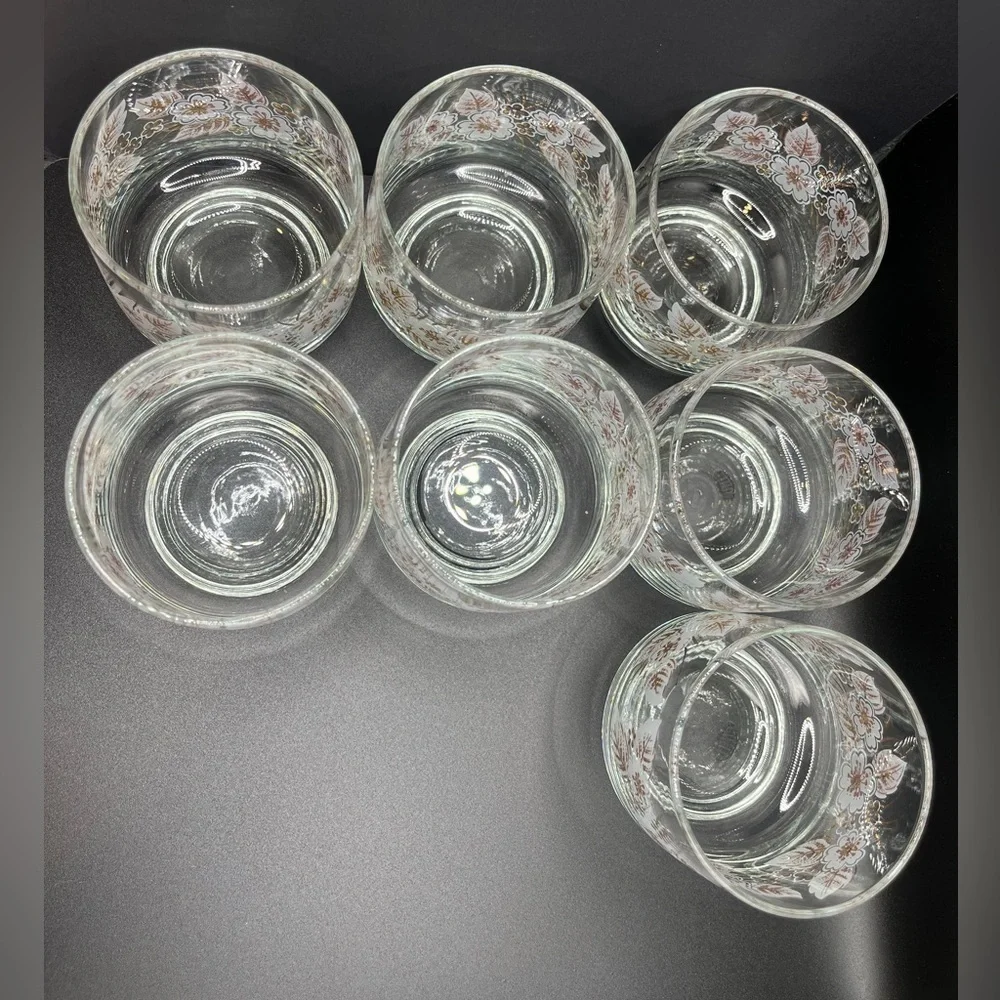 Vintage White/Gold 1950s Libbey Floral Tumblers Set of 7- Mid-Century Glassware